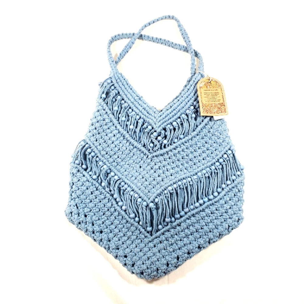 Handcrafted In India Crochet Macrame Beaded Women's Shoulder‎ Handbag Blue